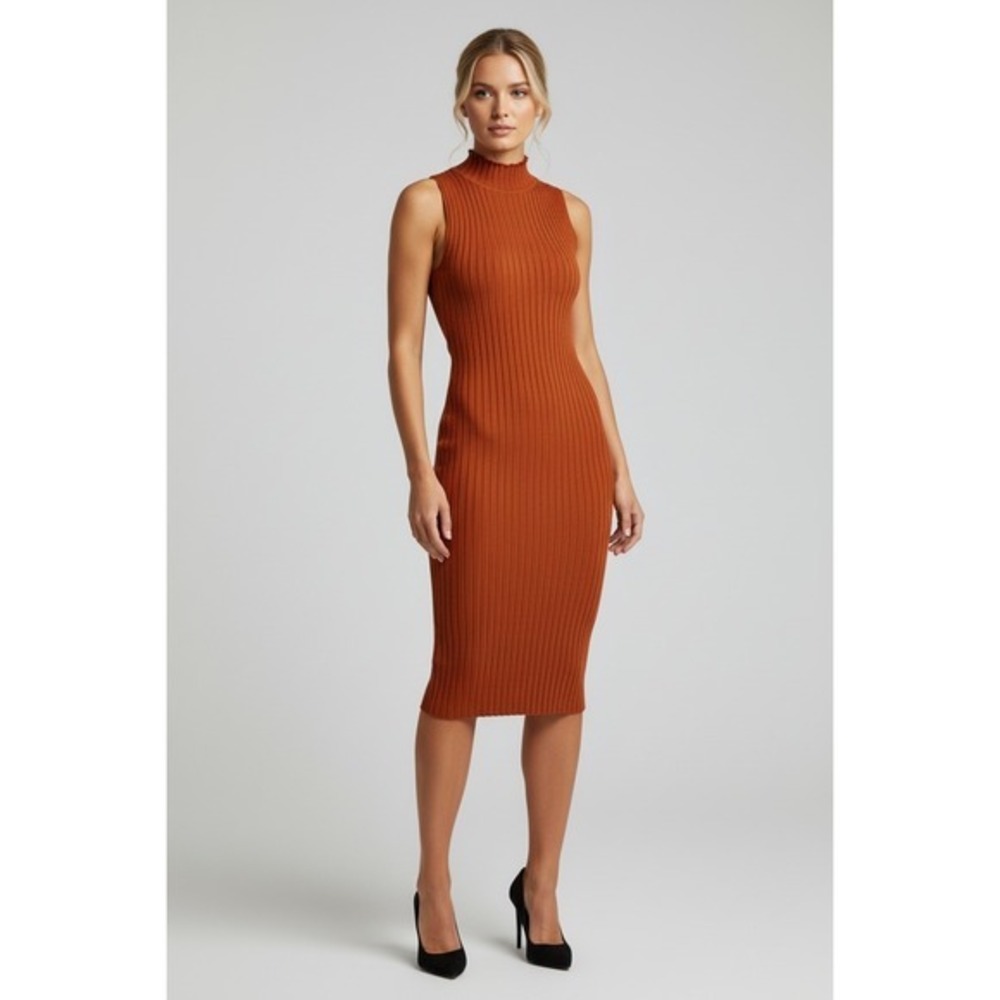 NEW‎ Joe Fresh Rust Ribbed XS Mock Neck Sleeveless Midi Knit Dress Bodycon
